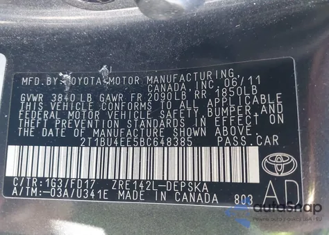 2011 Toyota Corolla S from USA, damaged, VIN 2T1BU4EE5BC648385